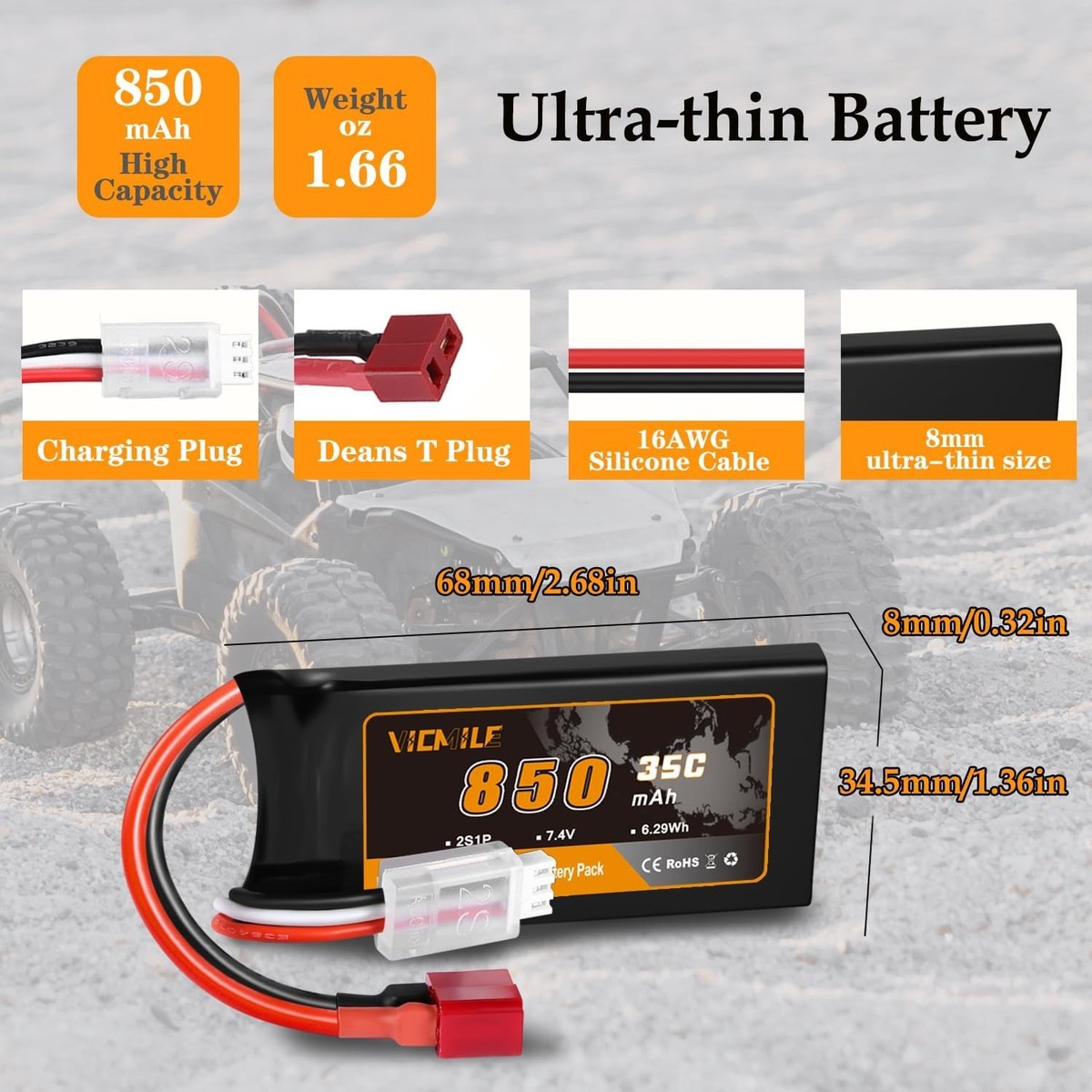 7.4V Lipo Battery Super Thin 2S 850mAh RC Battery with Dean T Plug 35C High  | eBay