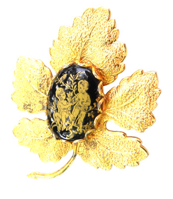 Vintage Leaf Brooch Faux Onyx Stone Gold Tone Children Image Cabochon Textured