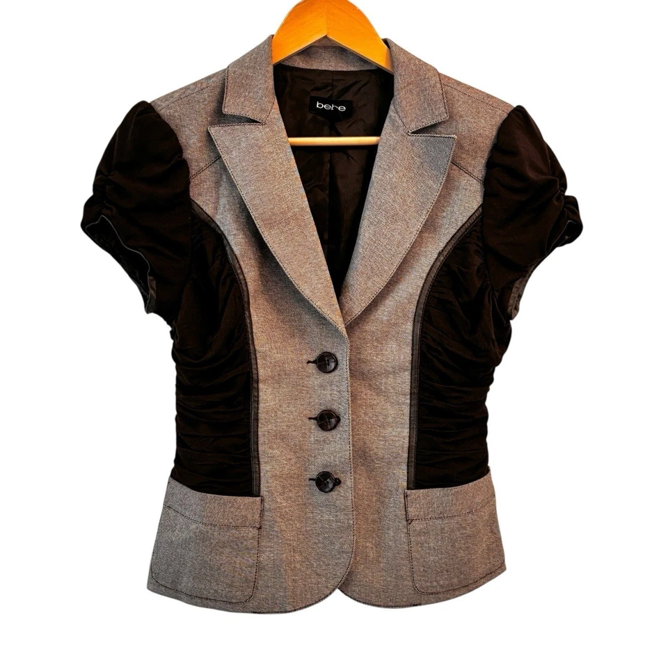 Conjunto de terno saia jaqueta Y2K Bebe sirene de escritório tamanho 10 marrom babado mini ajustado - Imagem 3 de 4