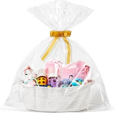 LANDNEOO Small Woven Basket with Gift Bags and Ribbons, Empty 1 Pack, White 