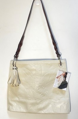 Brighton Ferrara Embossed Flower Leather Tassel Shoulder Bag Off White NWOTs