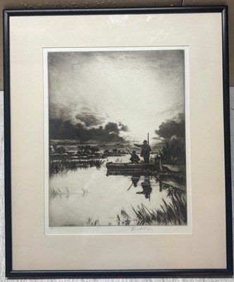Original LEVON WEST 'Start at Dawn' DUCK HUNTERS in BOAT Signed ETCHING