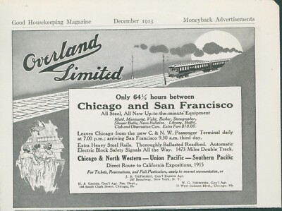 1913 Overland Limited Railroad Train Chicago NW Union Southern Pacific Ad GH3