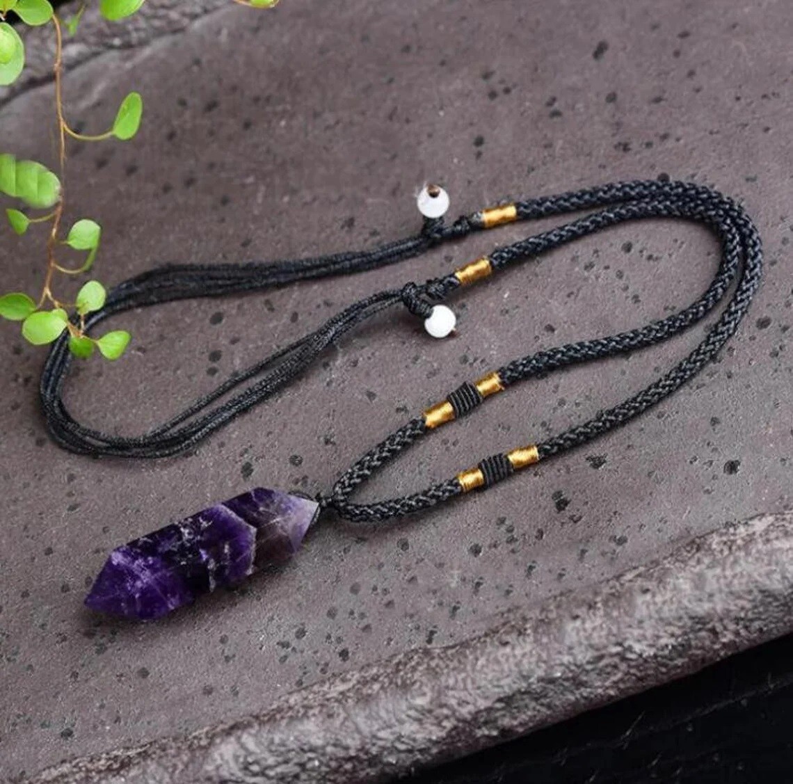 Natural Amethyst Crystal Hexagon Point Pendant Necklace Purple