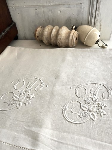 Antique LARGE FrenchTROUSSEAU floppy LINEN FIL sheet TT mono c1880 - Picture 3 of 24