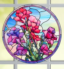 Sweet Pea Flowers Faux Stained-Glass WINDOW CLING Size 8" Round Vinyl
