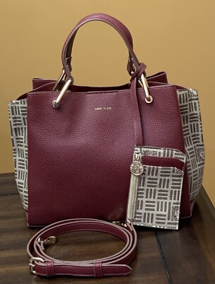Anne Klein Satchel Crossbody Maroon Brown Change Purse Gold