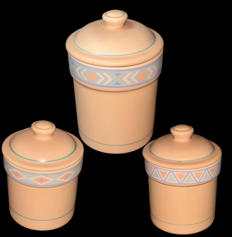 Vintage Treasure Craft Southwest Aztec Peach Canisters W/ Lids Set Of 3