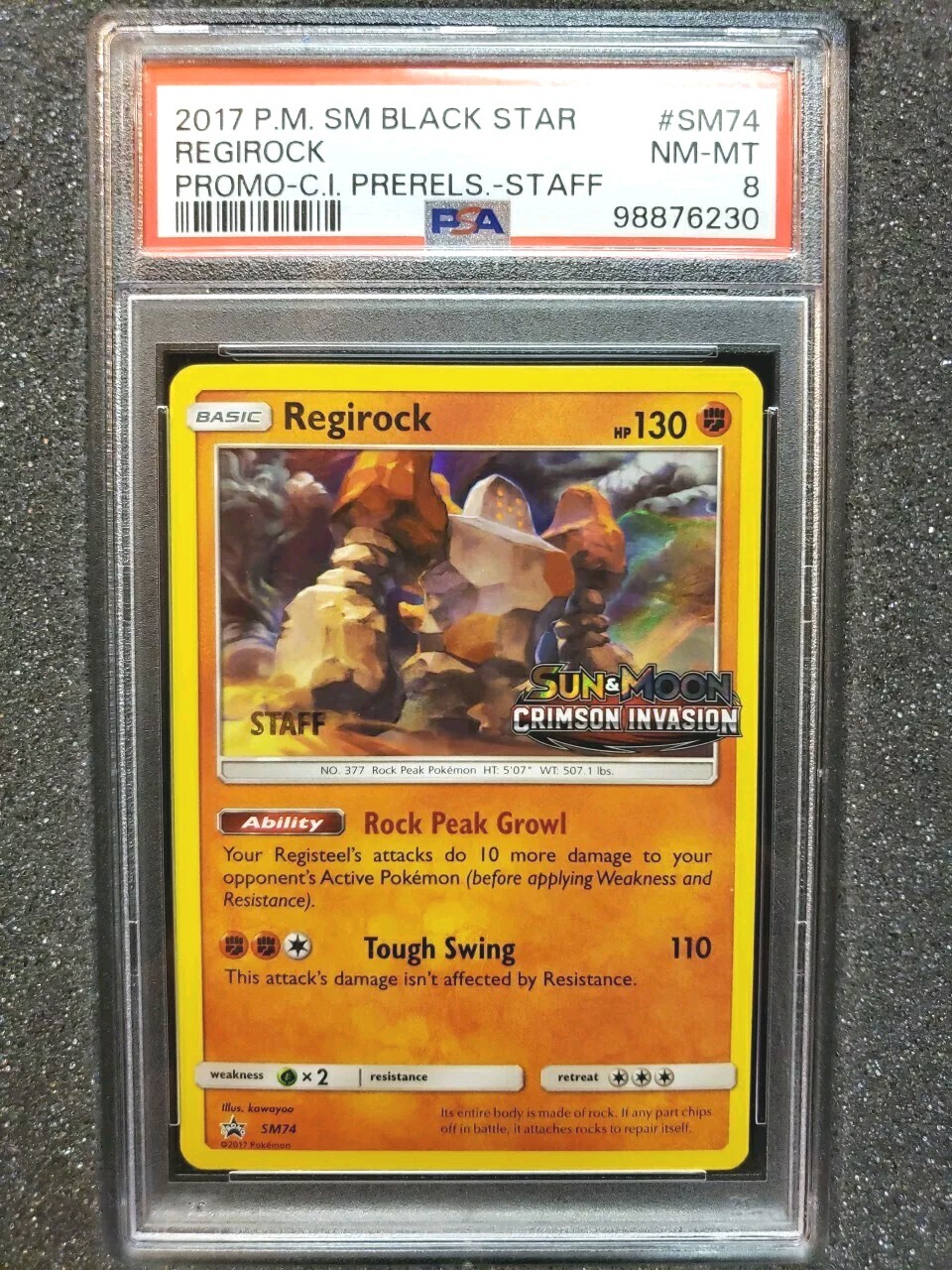 2017 Pokémon Regirock Holo Rare SM Crimson Black Star Staff Promo PSA 8 #SM74