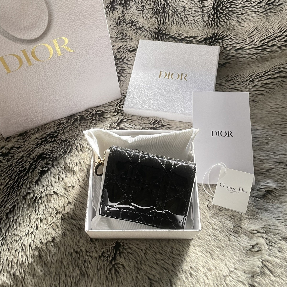 DIOR Mini Lady Dior Black Wallet - Black Patent Cannage Calfskin