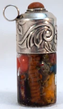 One-of-a-Kind Glass Vial with Bright Objects in Liquid Repoussé Silver Pendant