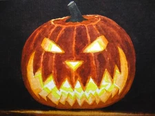 Watercolor Painting Halloween Night Pumpkin Jack O Lantern Smile ACEO Art
