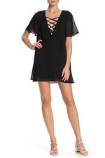 Show Me Your MuMu Rancho Vista Tunic Dress Black Flutter sleeve Lace V Neck M