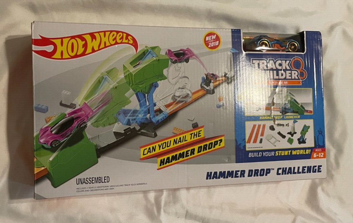 Hot Wheels Track Builder System Hammer Drop Challenge Play Set Die Cast Cars NIB