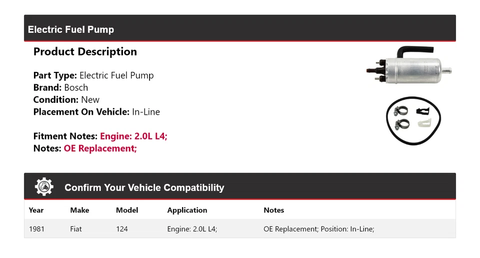 Bomba de combustible eléctrica Bosch 1981 Fiat 124 2,0 L L4 en línea Foto 2 de 4