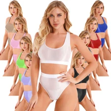 Womens Glossy Crop Top Short Sleeve Shirt + High Waist Briefs Two-piece Swimsuit