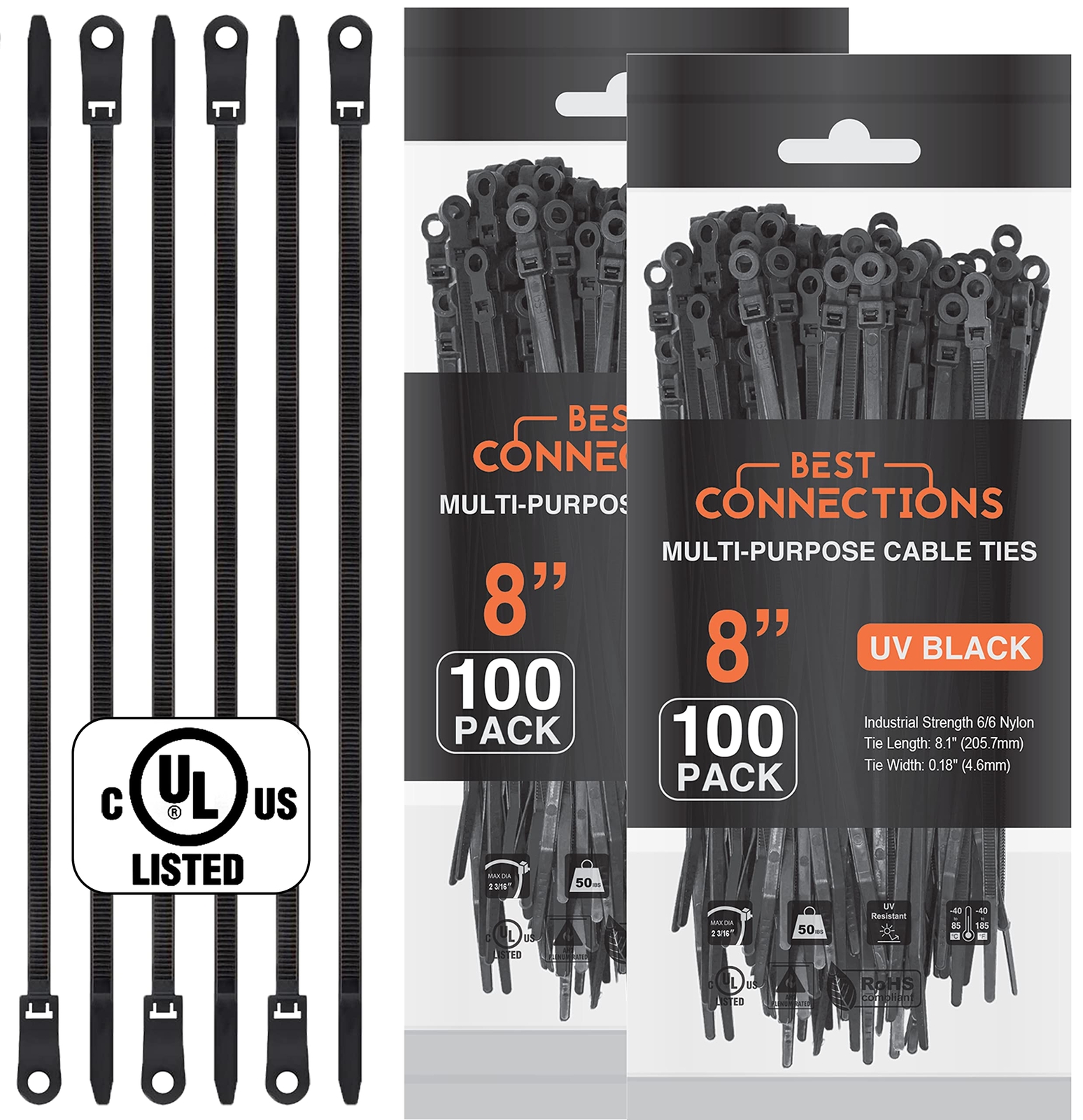 Black Cable Ties – 200 Pcs Cable Zip Ties 8 Inch with Screw Down Hole for Mou...