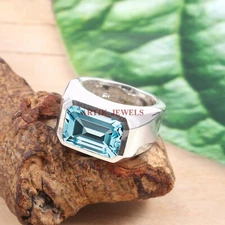 Natural Blue Topaz Gemstone with 925 Sterling Silver Ring for Men's #5484