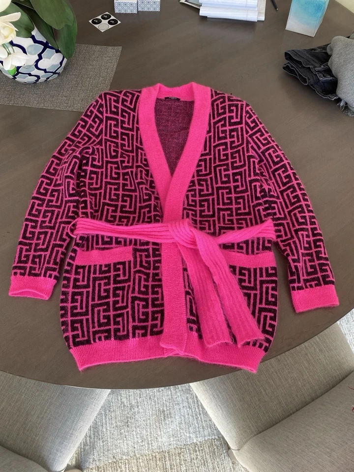 Balmain black and pink wool belted cardigan sweater Size 38 M - Image 2 of 4