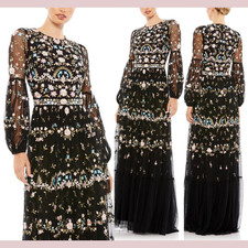 NWT Mac Duggal [ 2 ] 35111 Floral Embroidered Blouson Sleeve Gown Black #S1961