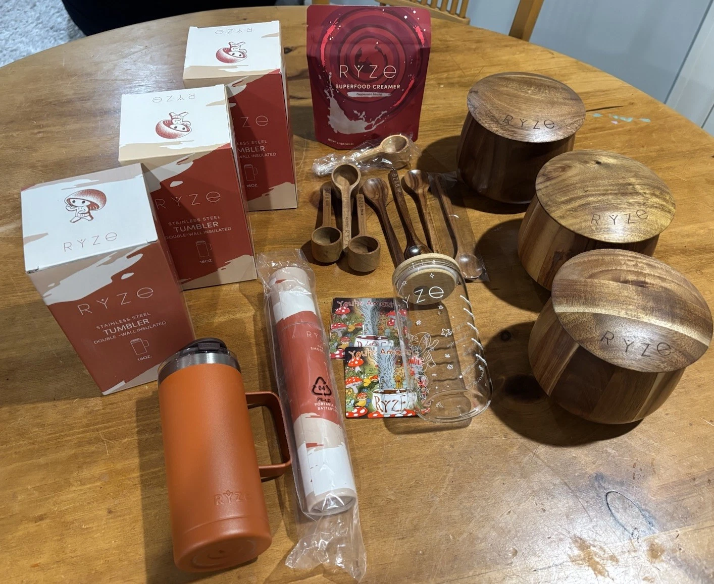Ryze Mushroom Huge 16+ Lot Glass Ice Coffee Travel Mug Acacia Bowl Spoon Scoop