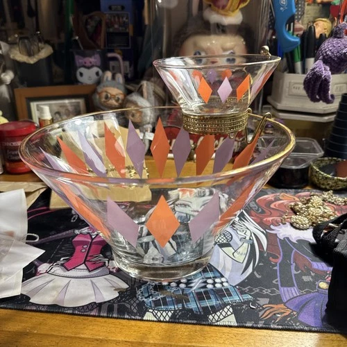 MCM Vintage Anchor Hocking With Holder, Chip and Dip Bowl Set RARE  Harlequin