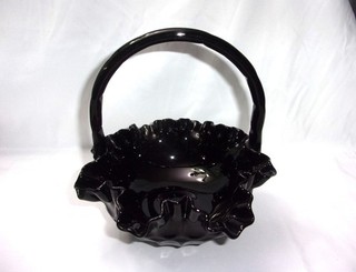 Vintage Deep Black ruffled basket Thumbprint design/weave design handle bottoms
