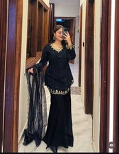 Stunning Black Roman Silk Top Palazzo With Dupatta For Women Party Wear
