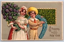 PFB New Year~Country Girl & Boy w/Potted Plant & Forget-Me-Not Horseshoe~#8240