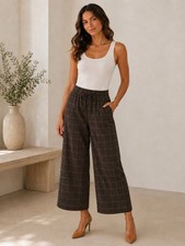 Ganni Plaid Wide Leg Pants Size 38 Brown Pull On Elastic Waist Career Trouser