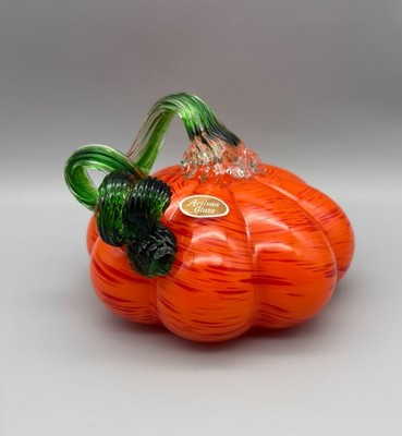 Blown Art Glass Orange Pumpkin Green Coil Stem Global Village Glass Studios