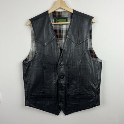 Hide Park Leather Waistcoat Mens Small Black Button Up Biker Mod Pockets Smart