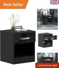 Comodino nero elegante con finitura lucida e ampio cassetto