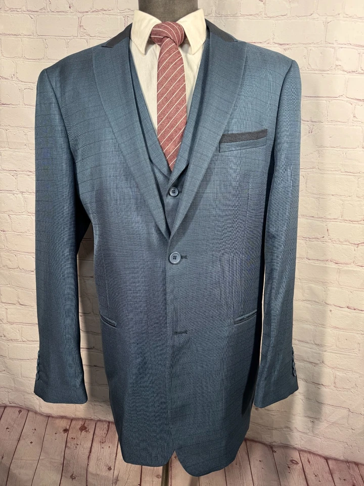 STUDIO FERERA Hombre Azul 2 Botones 3 Piezas Chaleco Traje 44L Chaqueta 37x32 Pantalón Foto 2 de 4