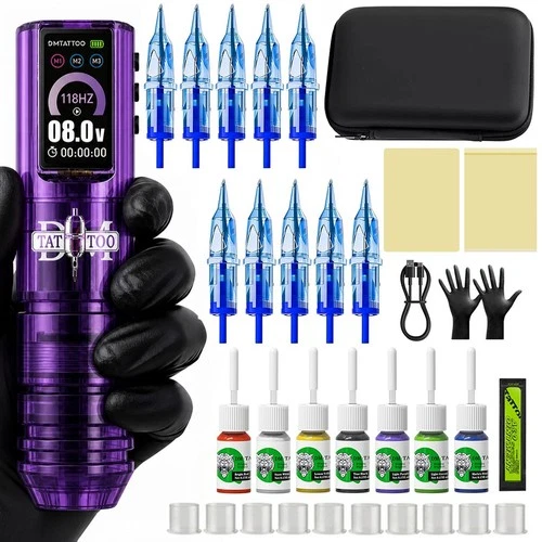 DM Wireless Tattoo Machine Complete Kit Body Art Needles Inks Tattoo Kits video thumbnail