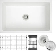 30 Inch Undermount Kitchen Sink, 30" x 19" x 9" White Kitchen Sink W/Accessories