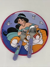 Vintage 90s Disney Aladdin Jasmine Kids Plastic Plate & Fork Spoon Set Zak