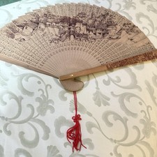 Vintage Asian Sandalwood Fan with Handpainted