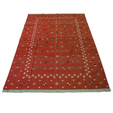 Hand Knotted Cotton Kilim Dhurrie Rug Color Tomato Red and White Carpet Rug