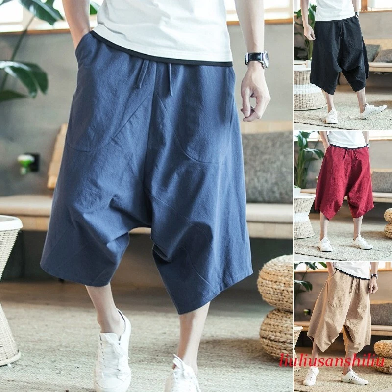 Cotton Short Pants Men's Baggy Fit Drop Crotch Harem Chinese Style Pants Shorts