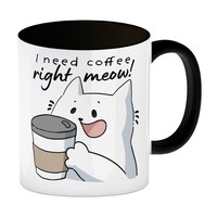 Katze Kaffeebecher In Schwarz Mit Spruch I Need Coffee Right Meow
