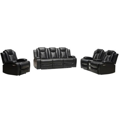 Power Reclining Sofa Set Black Faux Leather 3-Piece & LED Lights Speaker Wire...