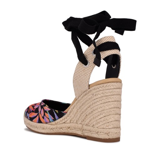 Nine West Black Multi Ankle Wrap Rounded Closed Toe Espadrille Wedges Sandals - Imagen 3 de 5