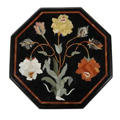 18-Inch Marble Side Table with Semi-Precious Stone Inlay for Home Decor
