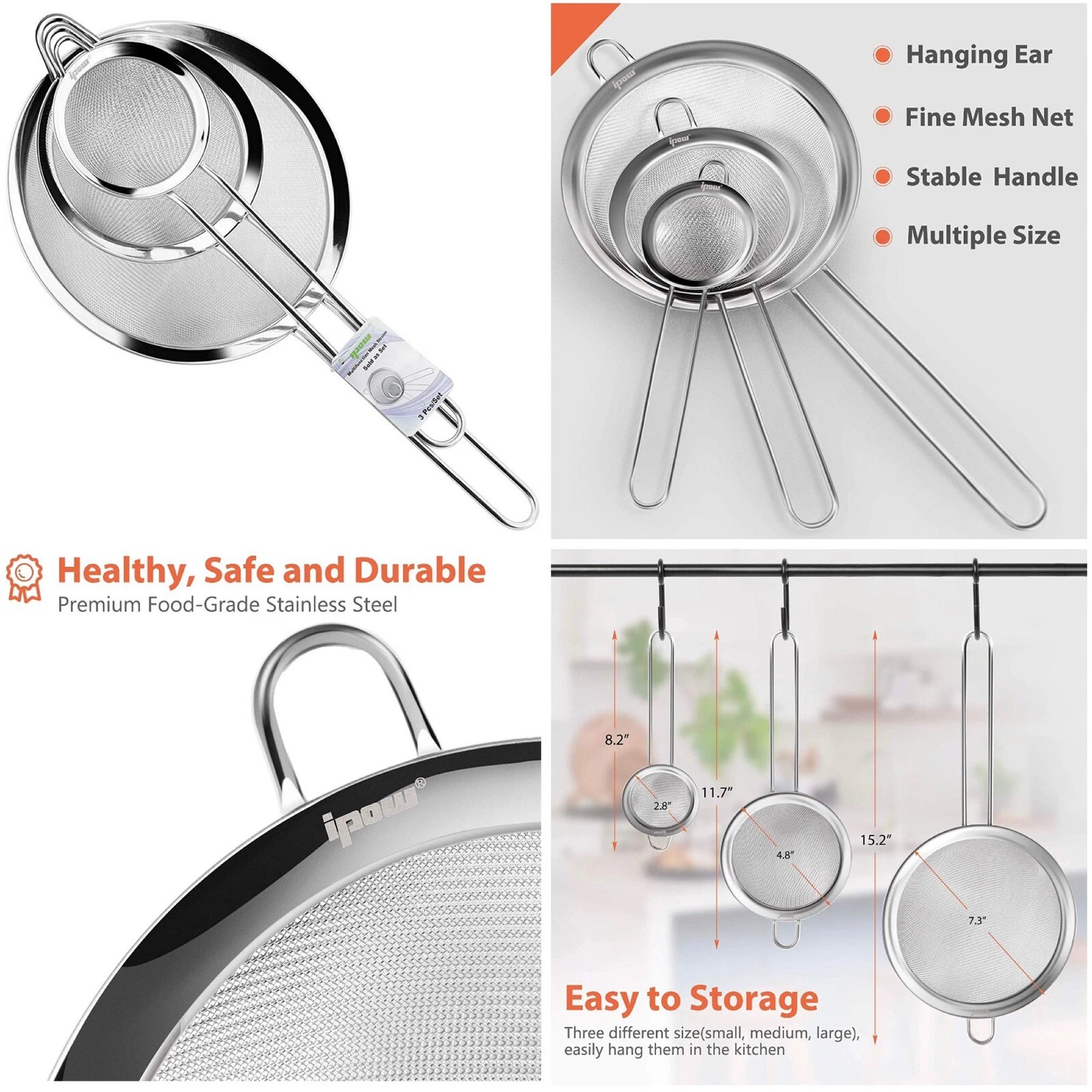 Stainless Steel Set of 3 Mesh Strainers With Handle Small Medium & Large