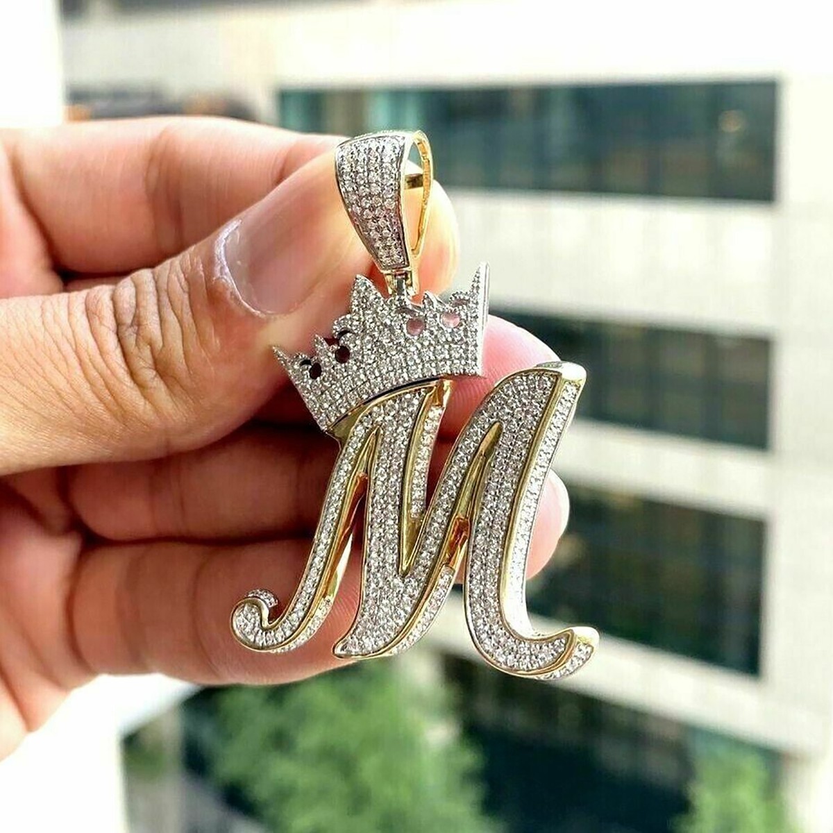 Simulated Diamond 925 Silver Letter ''M'' Pendant 14K