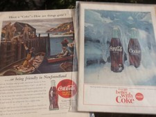 2 VINTAGE COCA COLA  = ADS ON CARDBOARD AND IN PLASTIC 1944 WARTIME and 1964