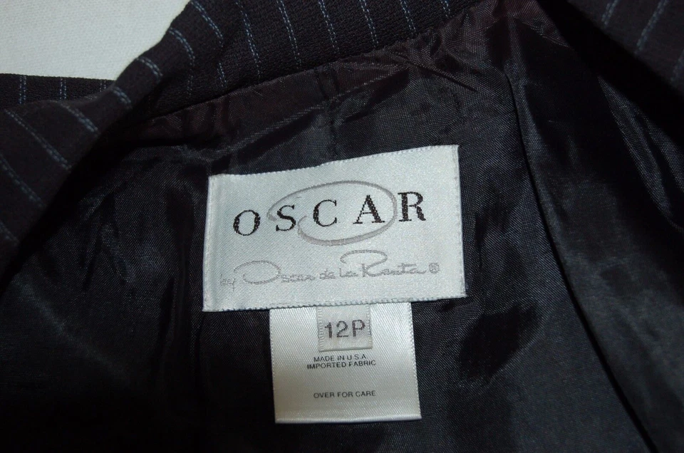  Chaqueta Blazer Oscar de la Renta Negra Mezcla Lana Azul Rayas Talla 12 P Foto 3 de 4