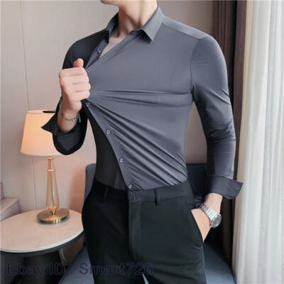 slim fit dress slacks Men's Performance Stretch Black Dress Shirt