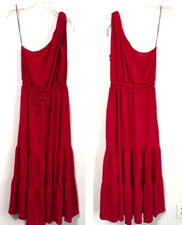 Max Studio One Shoulder Tiered Dress XS Cherise Red Drawstring Midi Party NEW